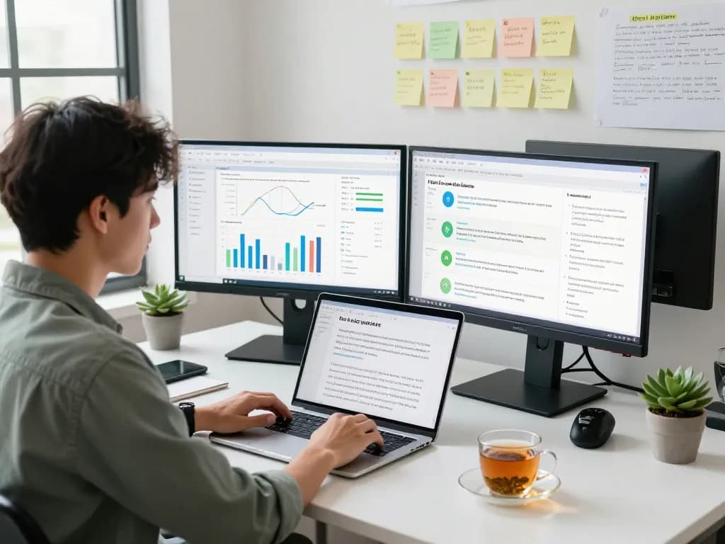 Professional analyzing AI sex research data in a modern workspace with ethical notes visible.
