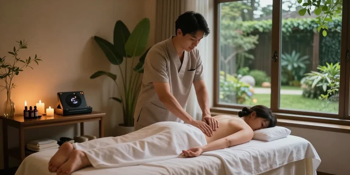 부산마사지로 편안한 힐링을 경험하는 남성 고객과 전문가 마사지사