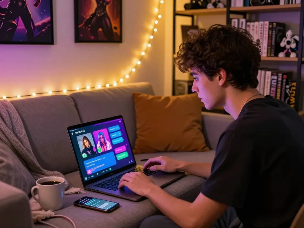 Engaging with a nsfw chat bot on a laptop in a cozy home environment, colorful interface and inviting atmosphere.