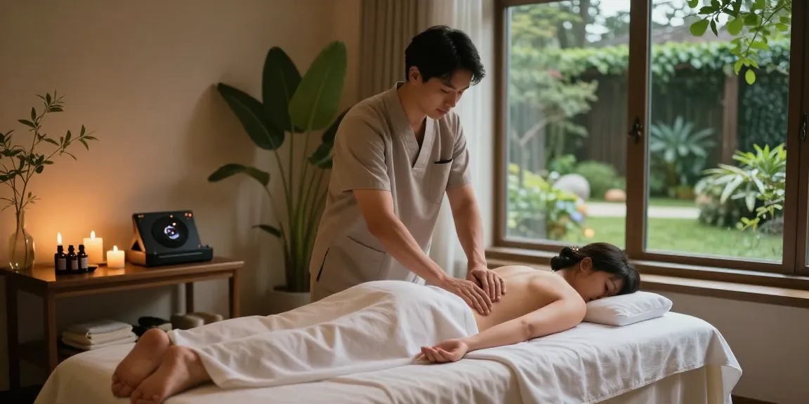 부산마사지로 편안한 힐링을 경험하는 남성 고객과 전문가 마사지사
