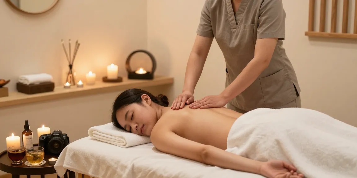 마사지 치료를 받는 고객과 편안한 스파 환경을 보여주는 장면
