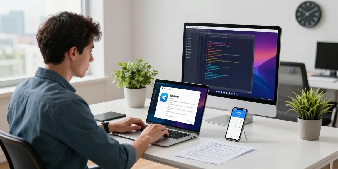 Configure Telegram Chinese settings on a modern workspace featuring tech tools and a vibrant setup.