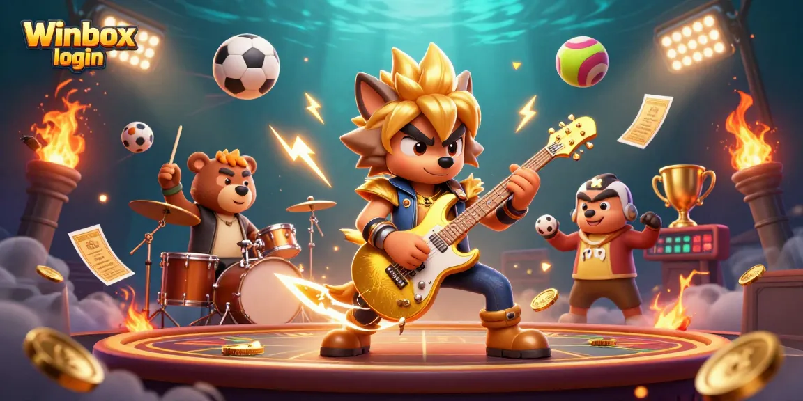 Experience thrilling Winbox login action with 3D rock star wolf and dynamic sports elements.