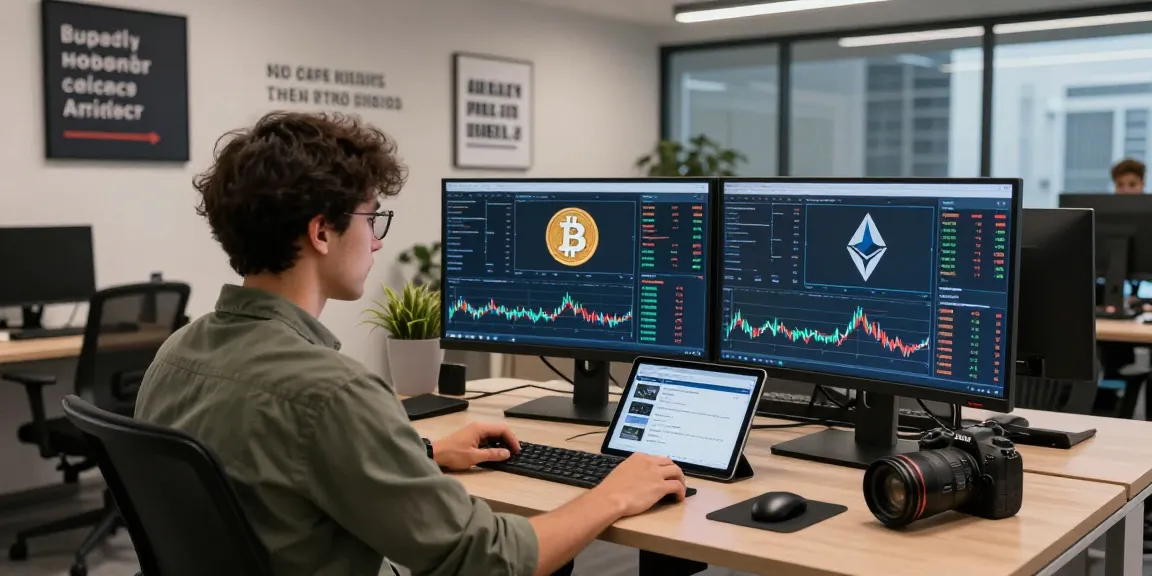 Engaged trader analyzing cryptocurrency prices on dual monitors at 업투익스체인지 for optimal trading.