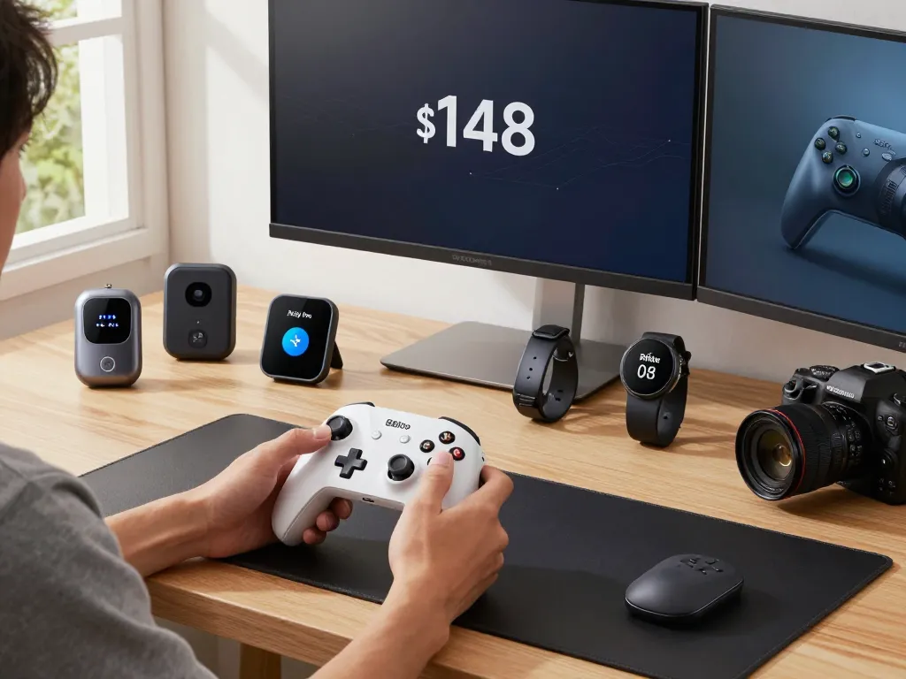 Showcasing cool tech gadgets under $148 in a modern tech workspace with a gamer testing Bluetooth controllers and devices.