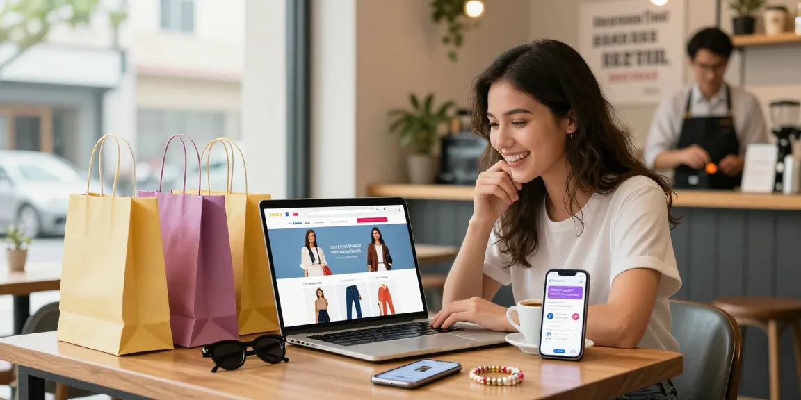 Threads いいね 購入を楽しむ若い女性がカフェでオンラインショッピングをしているシーン