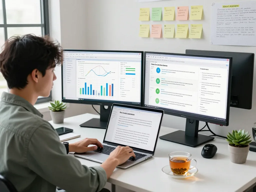 Professional analyzing AI sex research data in a modern workspace with ethical notes visible.