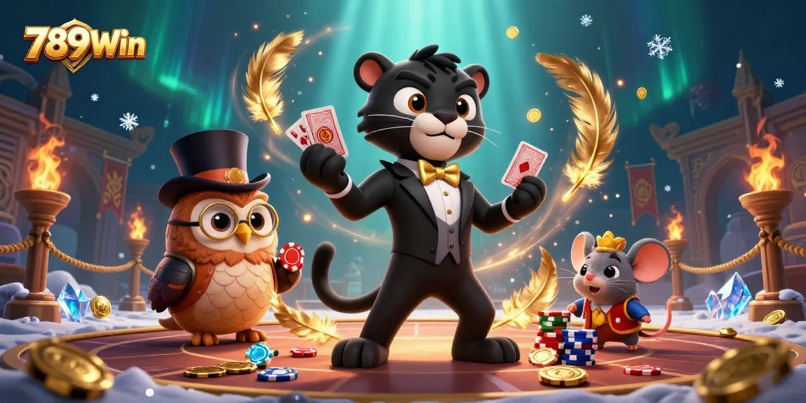 Engaging scene featuring 789Win with panther dealer and wise owl in a vibrant casino setting.