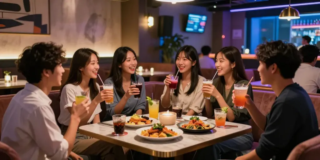 강남달토의 현대적이고 스타일리시한 라운지에서 친구들이 즐겁게 대화하며 음료를 마시는 모습