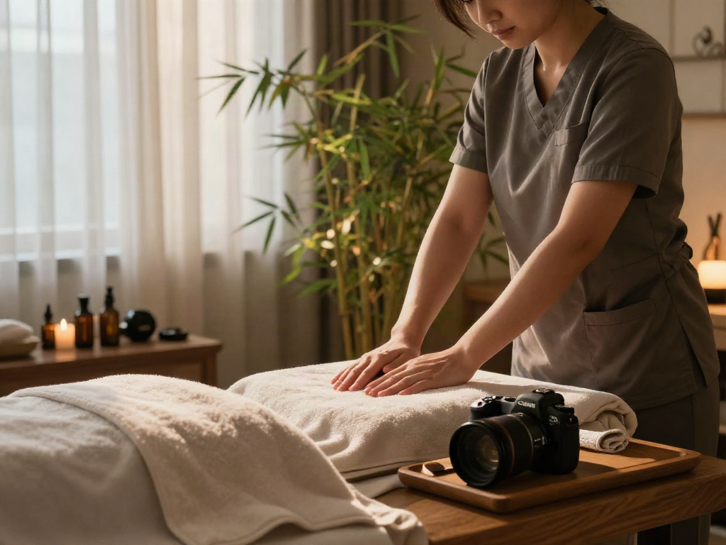 Experience a soothing 부평출장마사지 in a tranquil spa environment with calming plants and soft lighting.