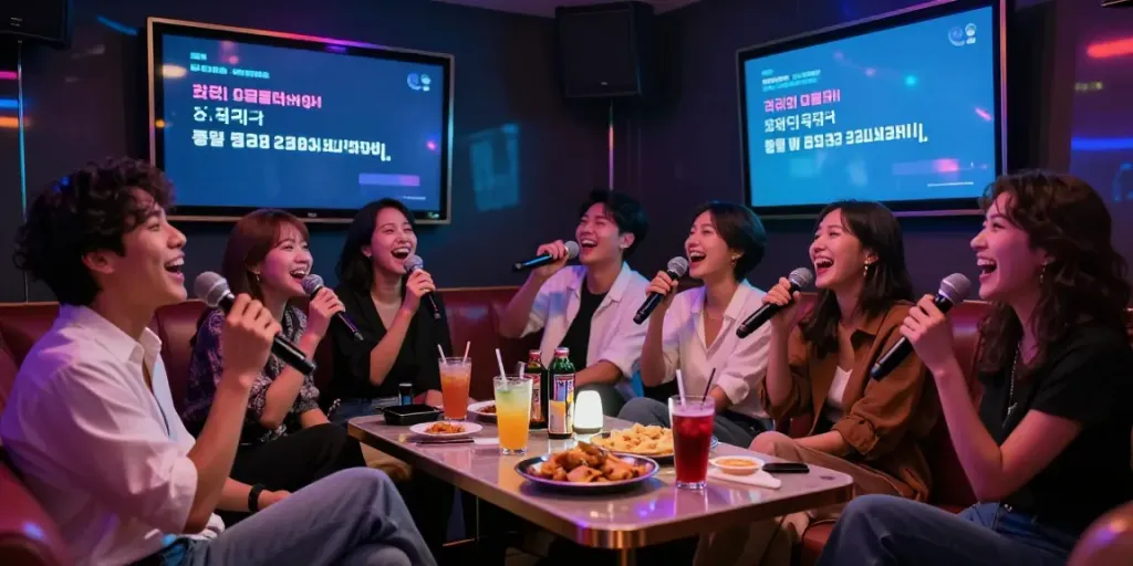 강남도파민에서 친구들과 즐겁게 노래하고 있는 모습으로 생동감 넘치는 분위기를 표현합니다.