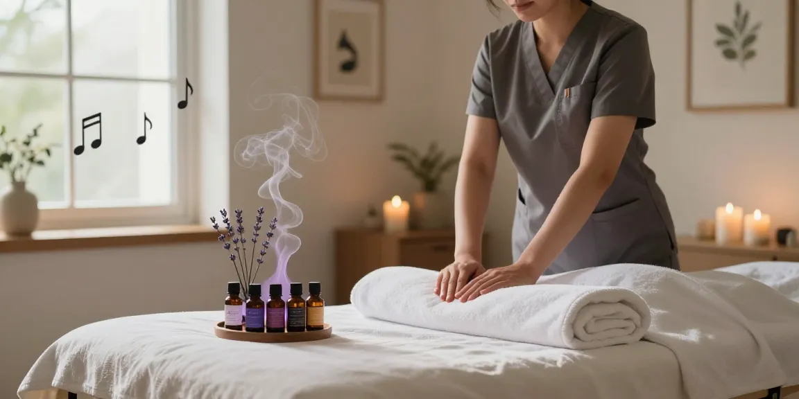 Relaxing home environment prepared for 용인출장마사지, featuring soothing oils, candles, and a massage table.