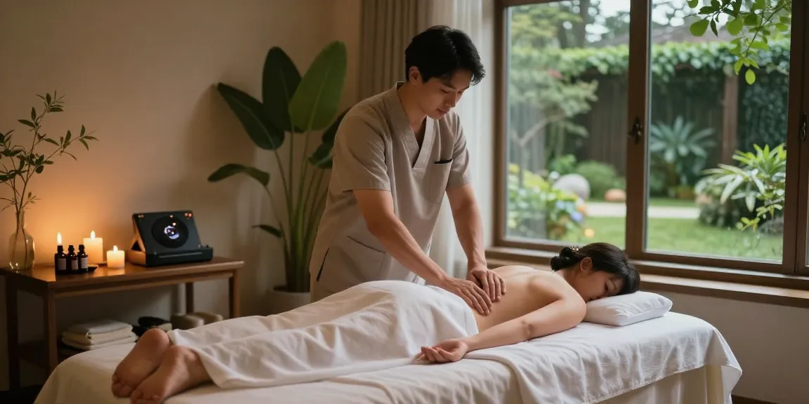 부산마사지로 편안한 힐링을 경험하는 남성 고객과 전문가 마사지사