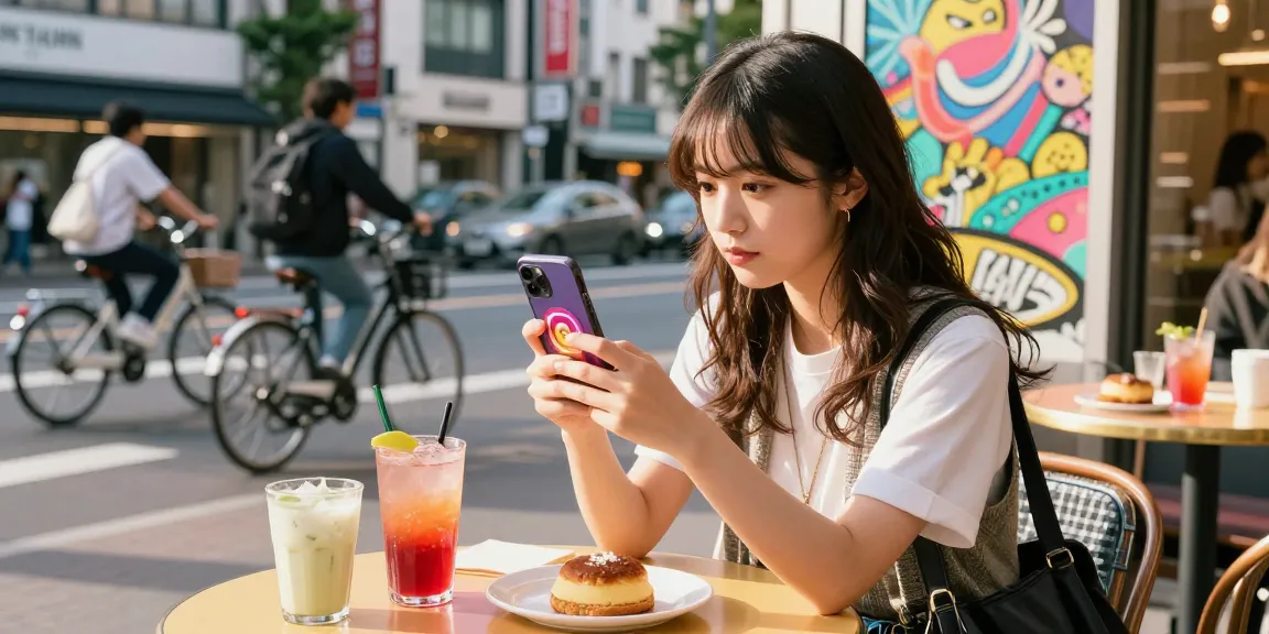 インスタ いいね 購入をする若い女性がカフェでスマートフォンを使っているシーン