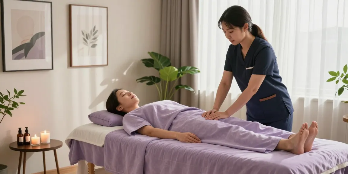 An inviting scene of a 강남출장마사지 being delivered in a modern apartment with a Korean therapist.