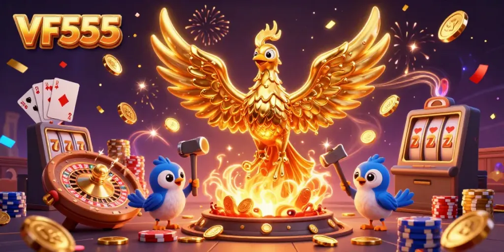 Experience excitement with VF555's golden phoenix and vibrant casino elements.