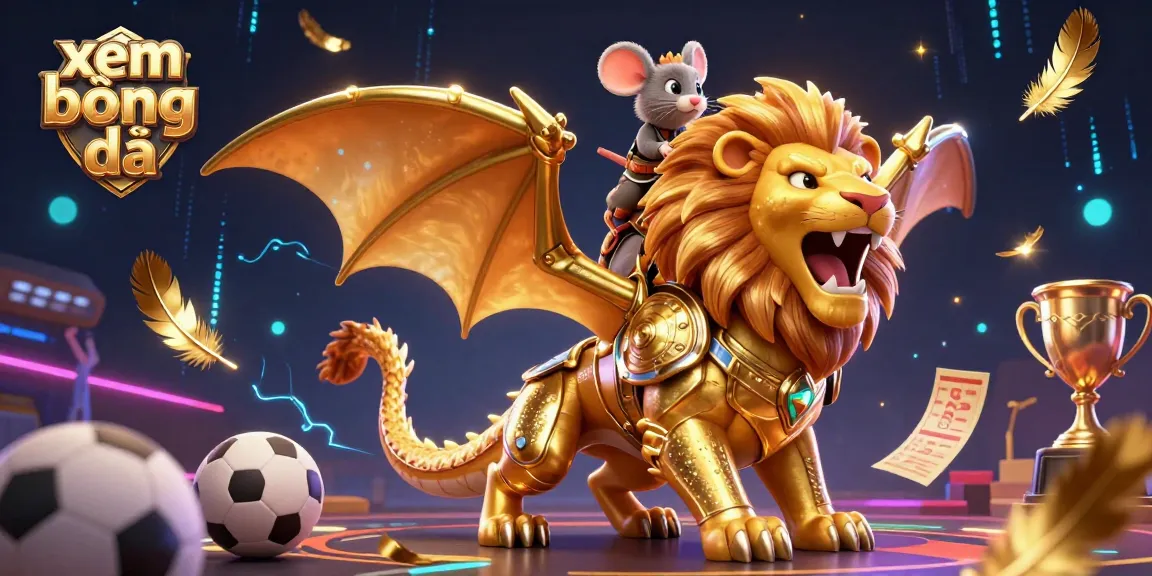 Xem bóng đá live with high-energy sports elements featuring a chimera in golden armor and a brave mouse jockey.