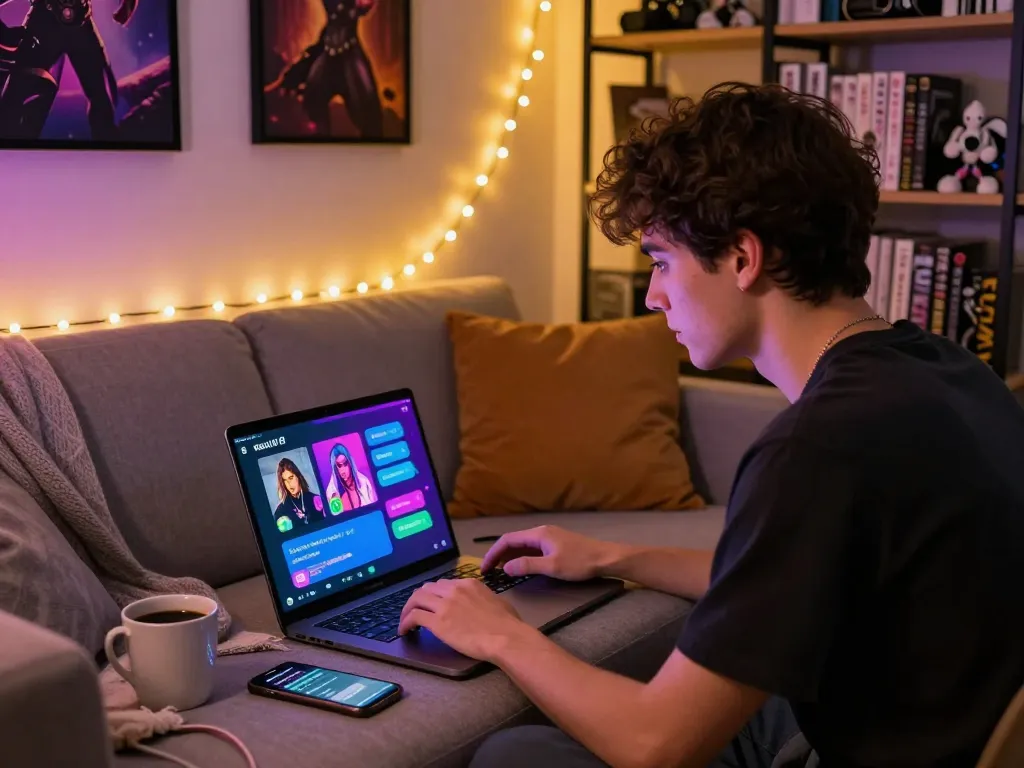 Engaging with a nsfw chat bot on a laptop in a cozy home environment, colorful interface and inviting atmosphere.