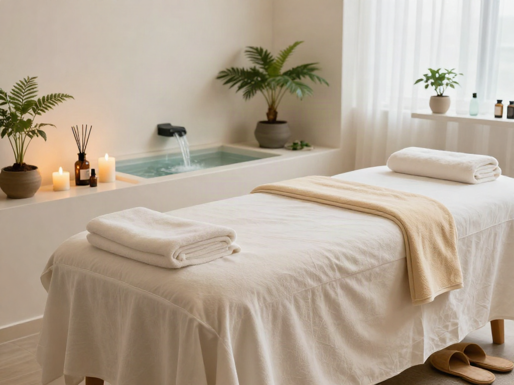 Relaxing home spa setting for 하남출장안마 with candles and massage table.