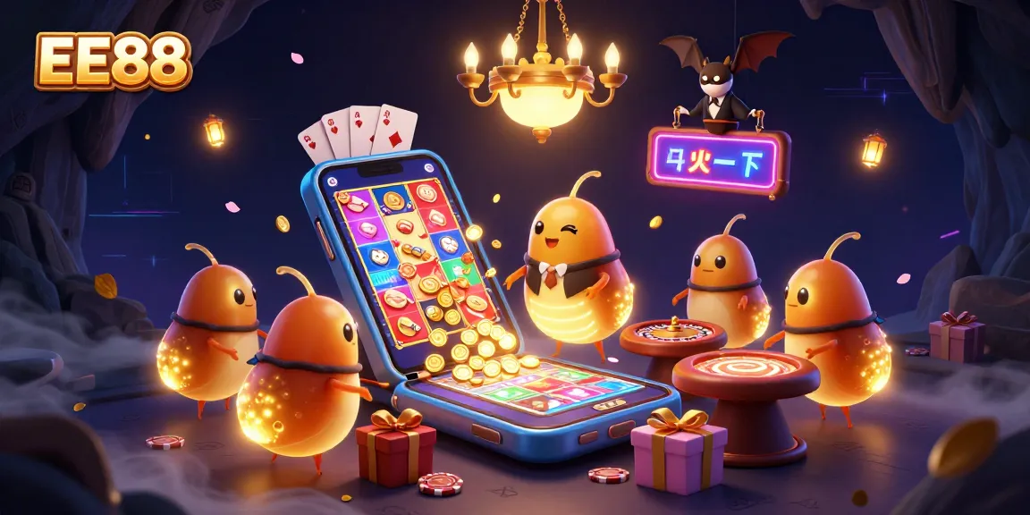 Experience dynamic EE88 gameplay with cartoon glowworms in a vibrant cave casino scene.