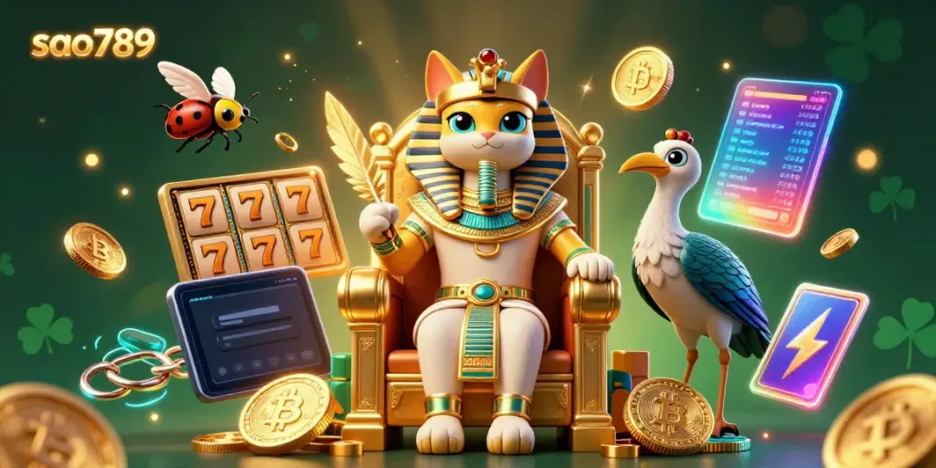 Experience sao789 excitement with an Egyptian pharaoh cat in a golden throne surrounded by casino elements.