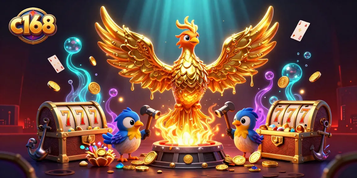 Experience thrilling gameplay at c168 with a golden phoenix symbolizing luck and fortune, amidst vibrant casino elements.