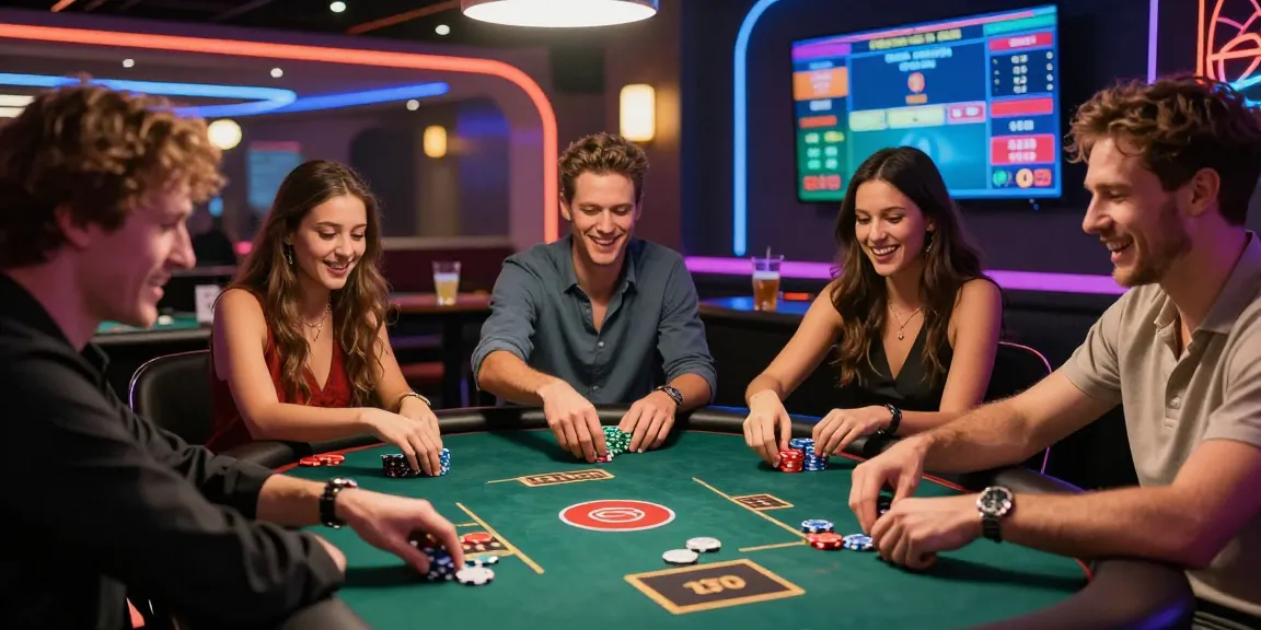 Rokok88 RTP gambling scene with friends enjoying live poker in a vibrant casino atmosphere
