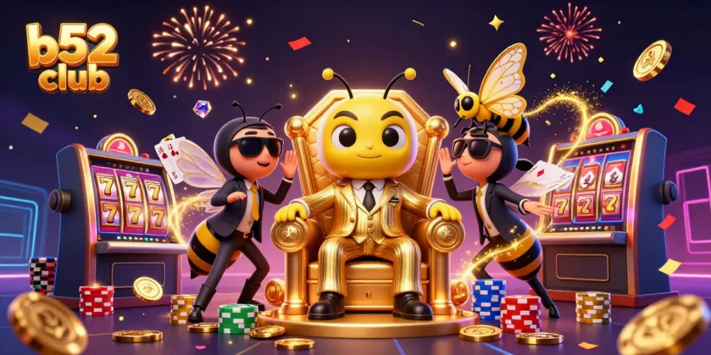 B52 Club features a lively casino scene with slots, golden coins, and vibrant characters in an engaging atmosphere.