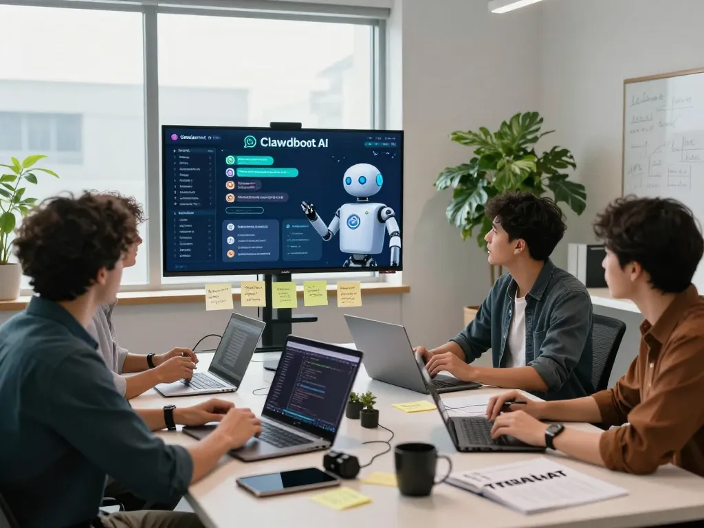 Collaborative tech team showcasing Clawdbot AI features in modern workspace.