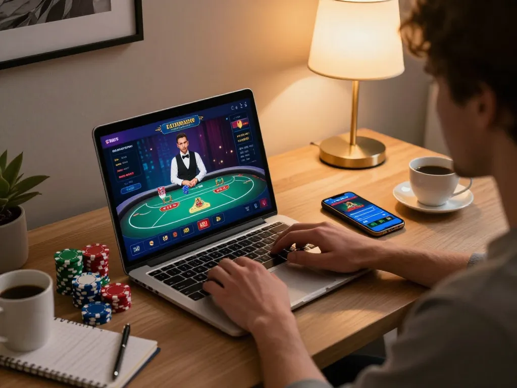 Engaging in topgamebai strategy while playing poker online in a cozy home office.