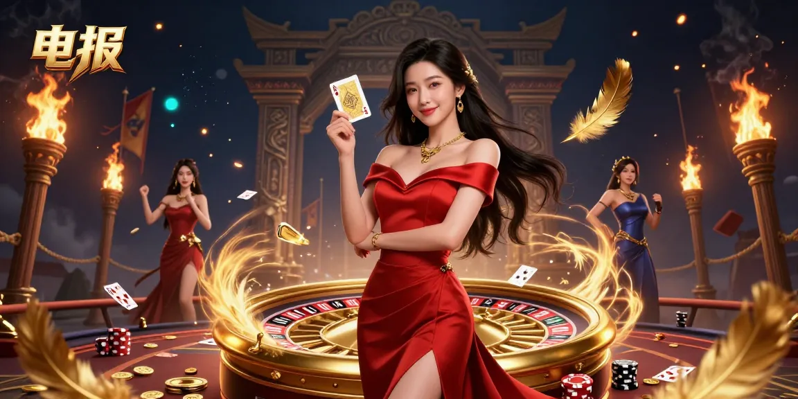 欣赏电报的惊艳艺术,一位华丽的亚洲女性拿着金色扑克牌和轮盘。