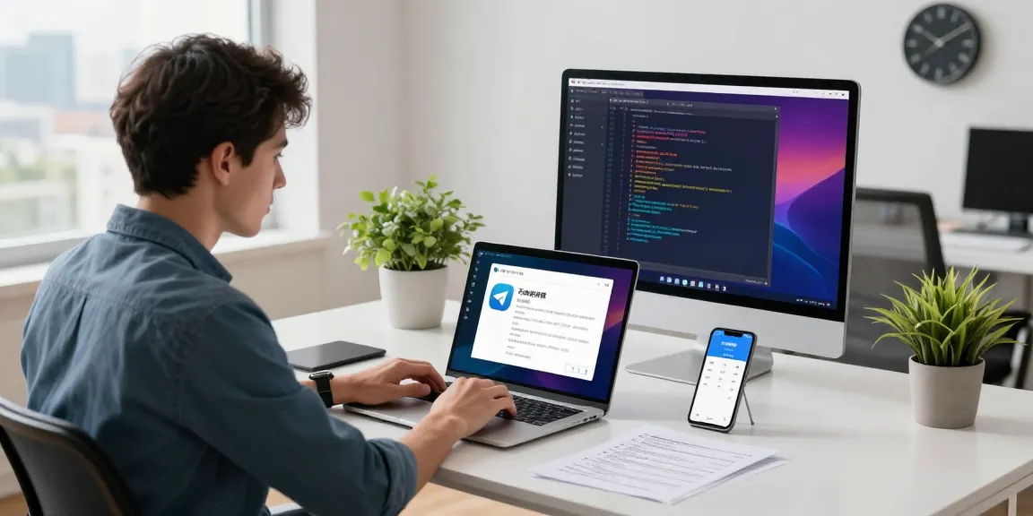 Configure Telegram Chinese settings on a modern workspace featuring tech tools and a vibrant setup.