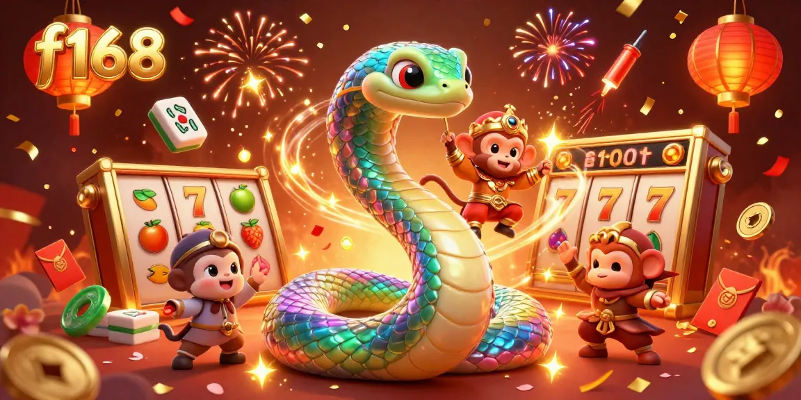 Engage with the vibrant f168 casino world featuring colorful slot reels, a rainbow serpent, and festive decorations.