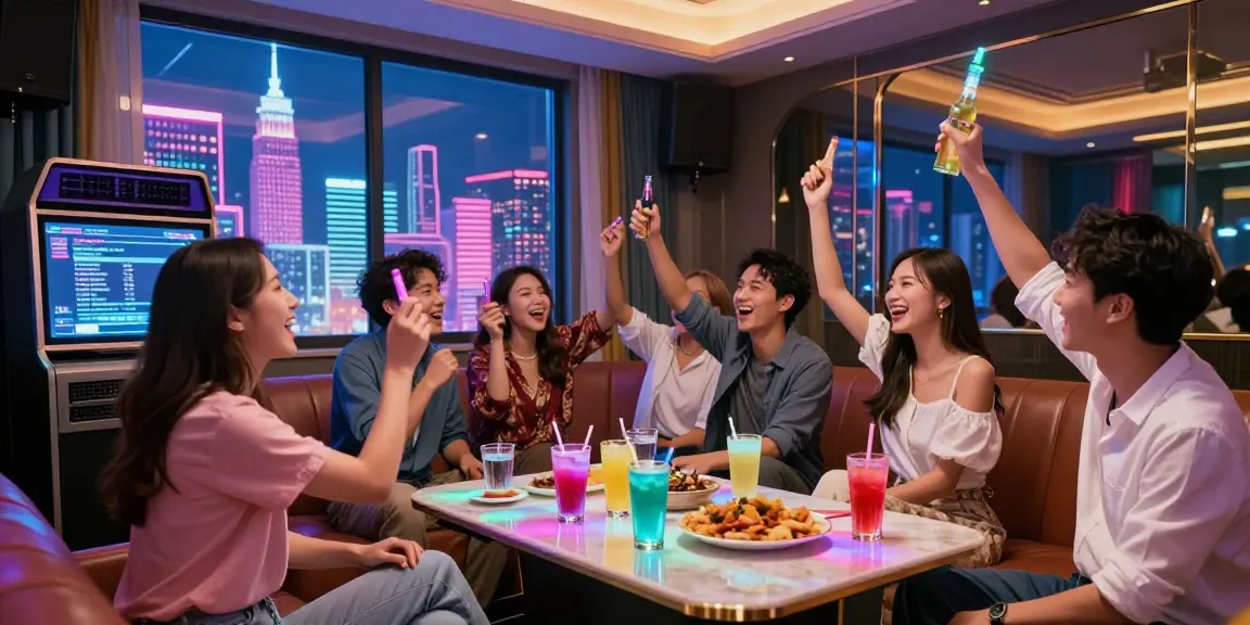강남가라오케에서 즐기는 친구들과의 화려한 파티 장면, 다양한 음료와 안주가 테이블에 놓여 있습니다.