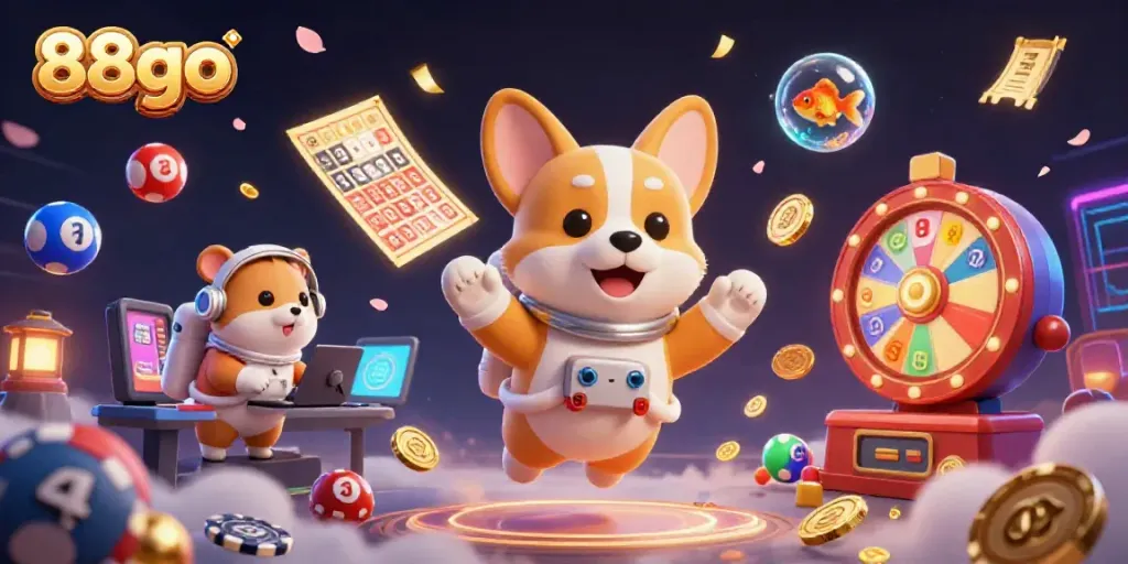 Engage with 88go's thrilling atmosphere as a corgi astronaut navigates a floating casino in space.