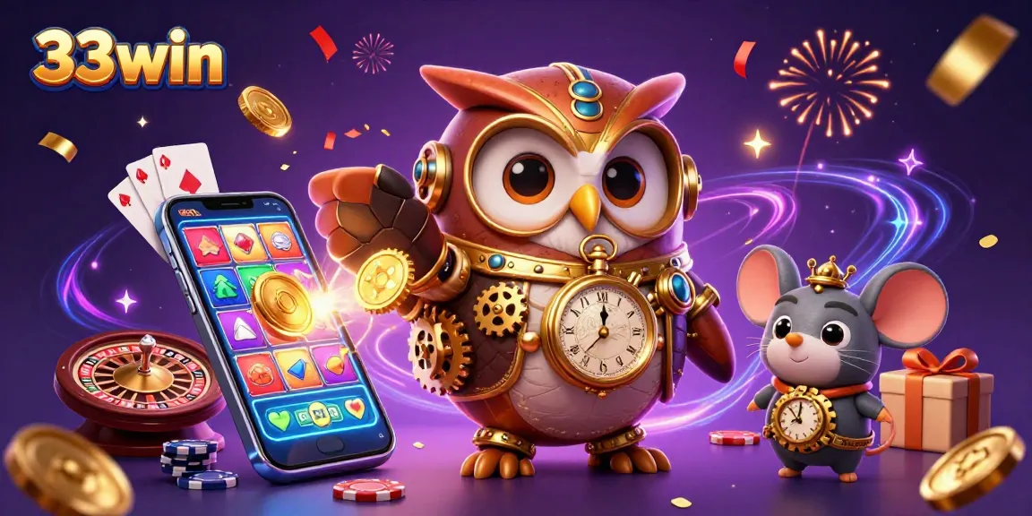 Experience thrilling gameplay with 33win, featuring a dynamic steampunk scene and vibrant slot game elements.