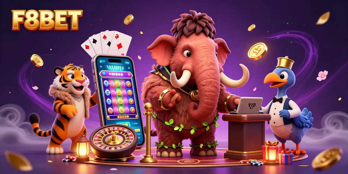 Experience the excitement of F8BET with a dynamic casino illustration featuring unique characters and vibrant gaming elements.