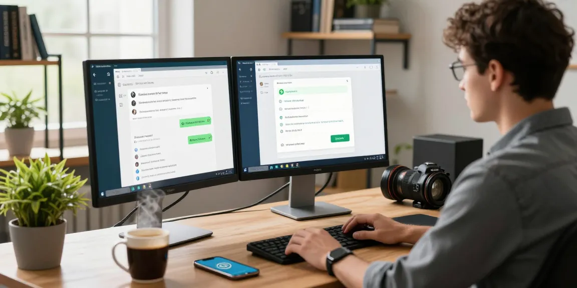 Professional using WhatsApp網頁版 on desktop computer in a modern workspace.