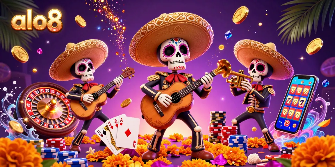 Experience the thrills of gaming at alo8 with a vibrant 3D mariachi band amid flying coins and casino elements.