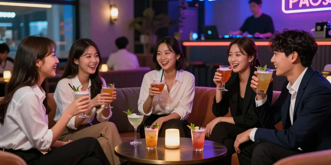 강남의 퀸알바 문화가 느껴지는 활기찬 라운지 장면