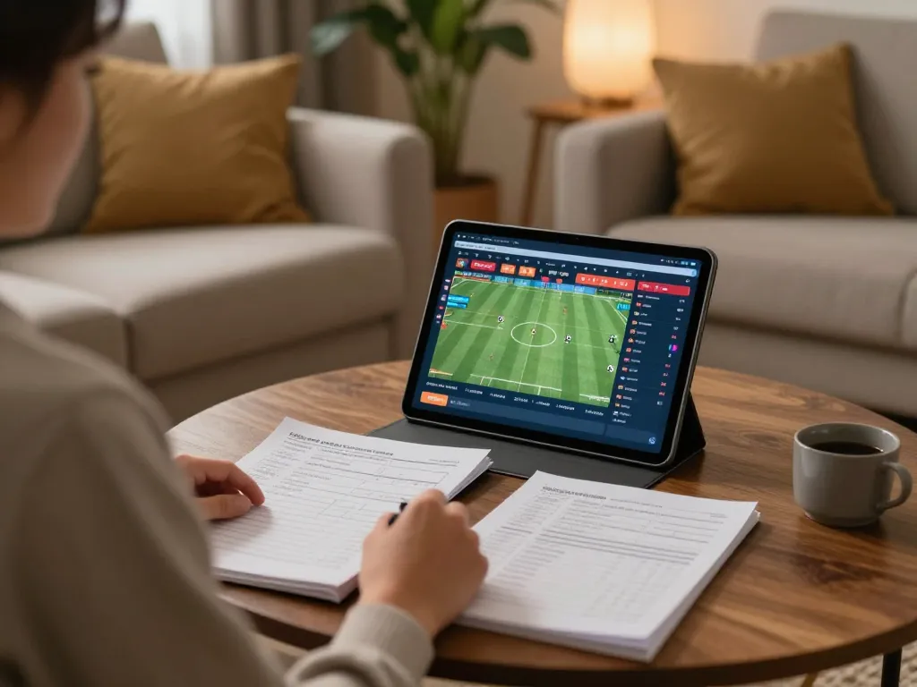 Person analyzing Keo nha cai 5 odds on tablet in a cozy home setting, showcasing strategic betting.