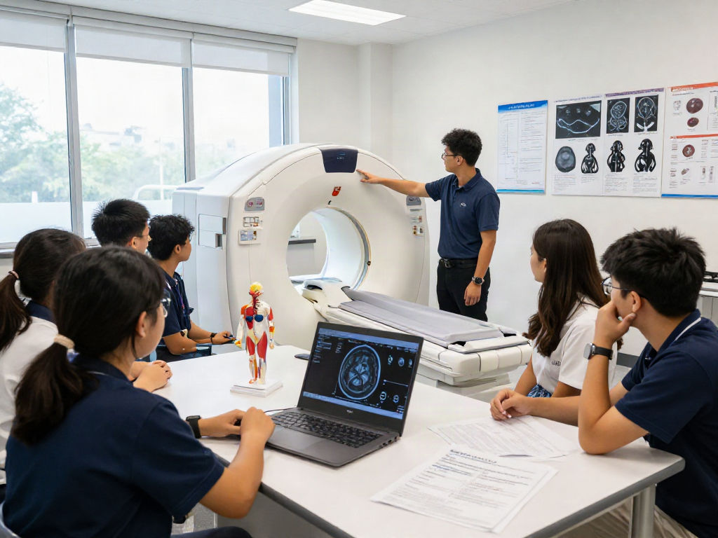 Students learning about CT scans and radiology technologies in a modern classroom setting.