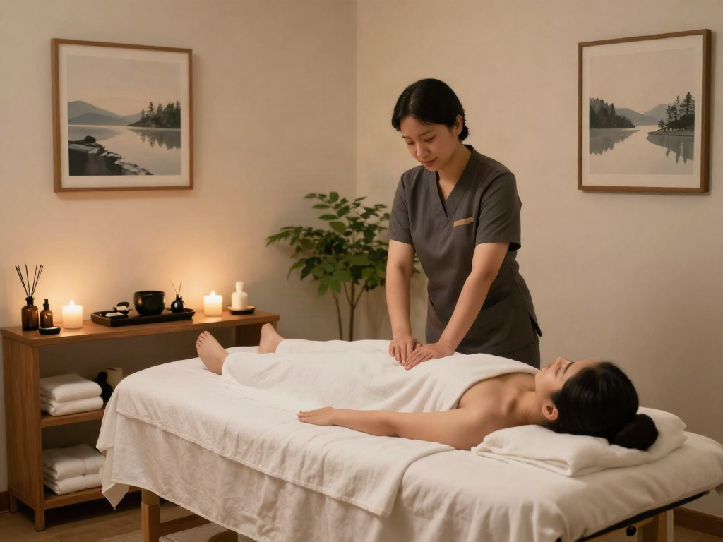 하남출장마사지 session in a tranquil therapy room with calming decor and soothing atmosphere.