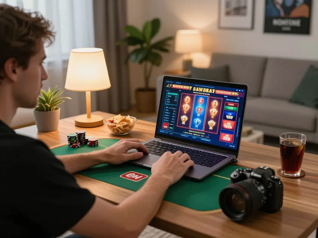 Enjoying online gaming at home with TR88 đăng nhập, engaging in strategic poker gameplay on a laptop