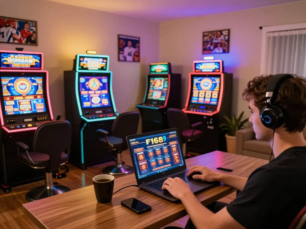 Player enjoying F168 online casino games on a laptop in a cozy home office setting.