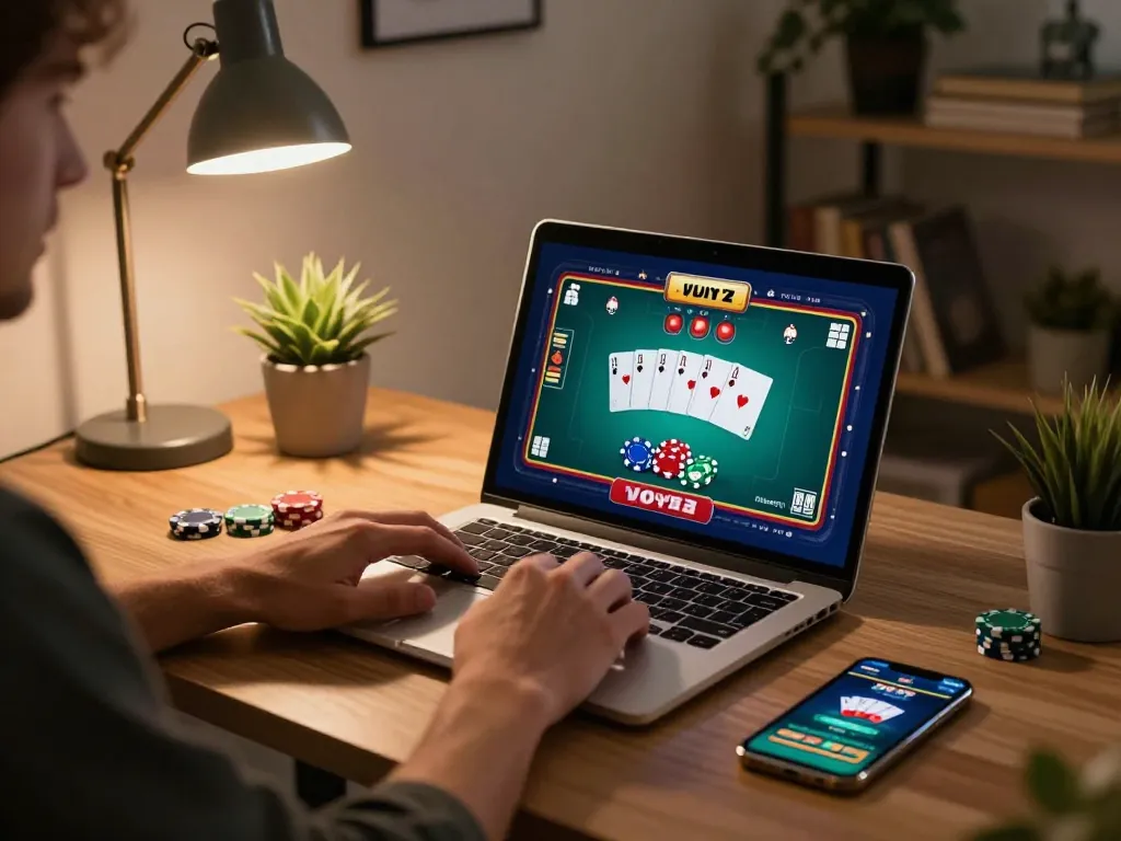cm88 player engaging in online poker game on laptop at home office