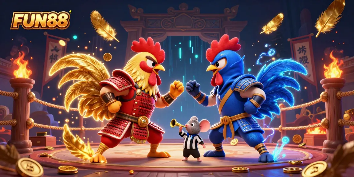 Watch FUN88's thrilling roosters battle in a vibrant, energetic casino scene.