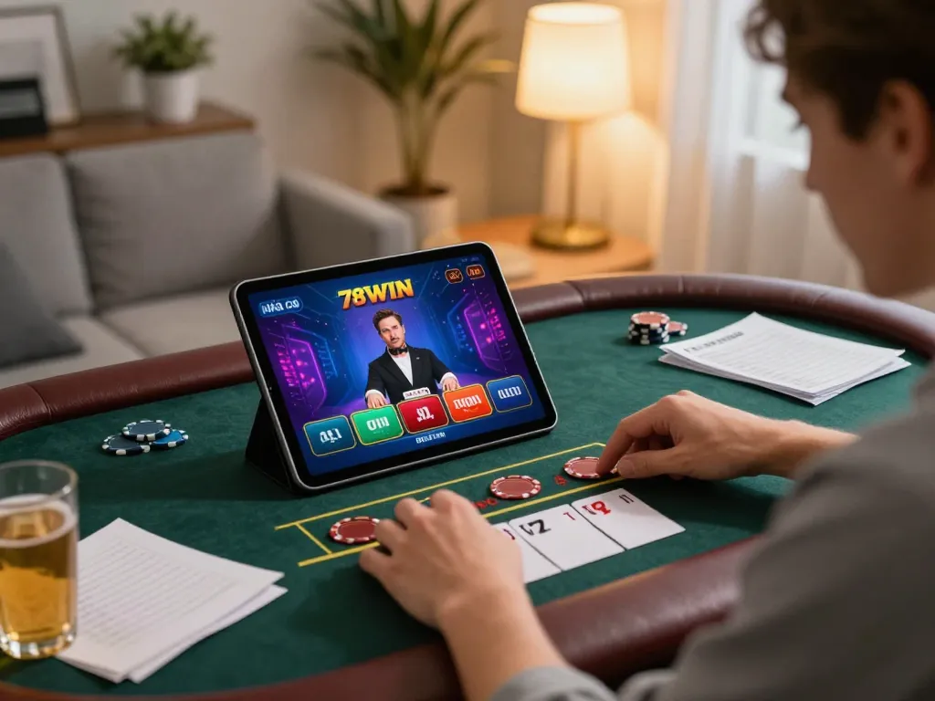 Engaging online gaming scene at Nhà cái 78WIN, player using tablet for live blackjack.