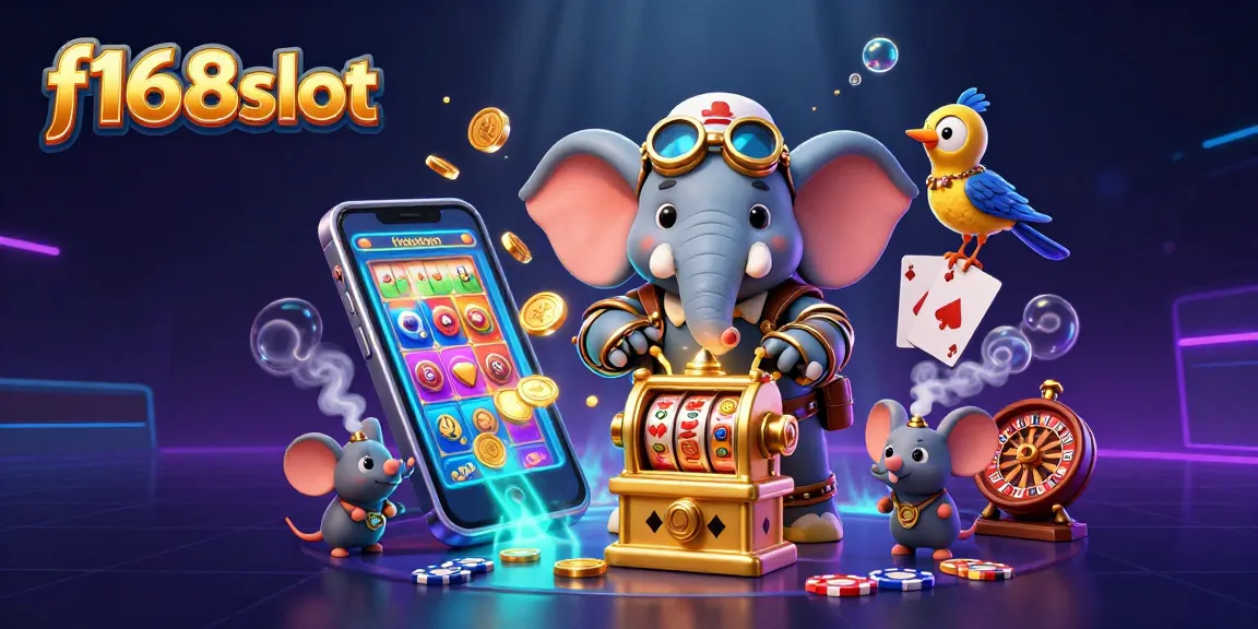 Experience thrilling spins with f168slot amidst a vibrant casino scene featuring a steampunk elephant engineer.