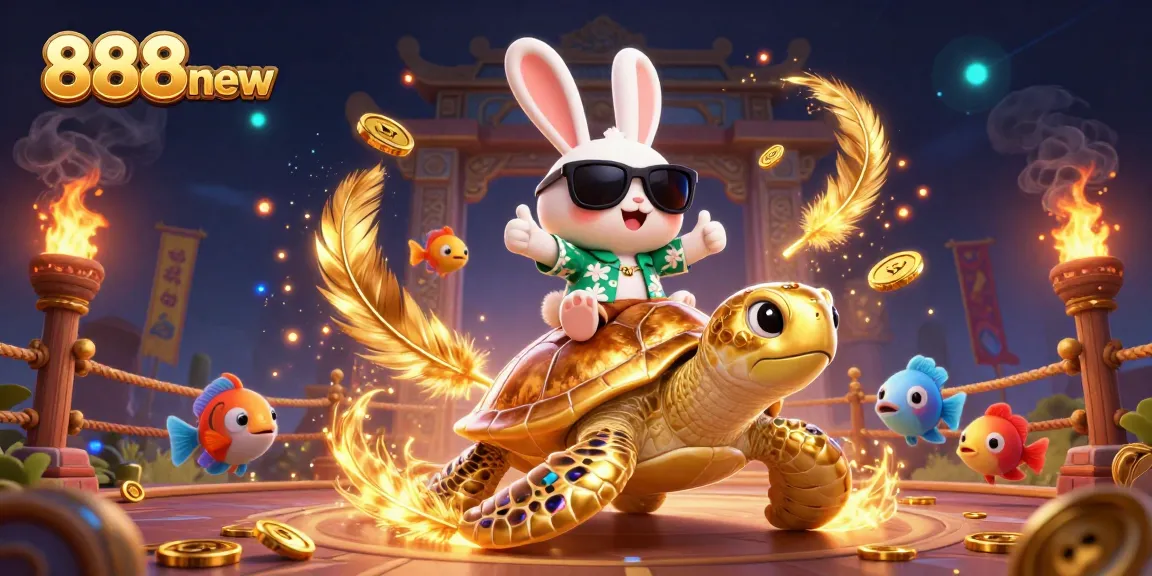 Engage in thrilling gameplay with 888new as the lucky rabbit and golden turtle embark on a vibrant casino adventure.